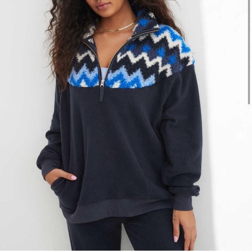 Aerie Chevron Fleece Sherpa Pullover Blue  Quarter Zip zigzag pattern Sweater M